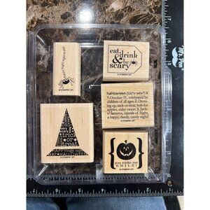 Stampin Up! Eat, Drink, & Be Scary Wood Mounted Rubber Stamp Set Halloween